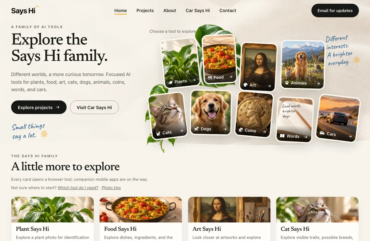 Says Hi homepage introducing its family of focused tools for plants, food, art, animals, cats, dogs, coins, words, and cars.